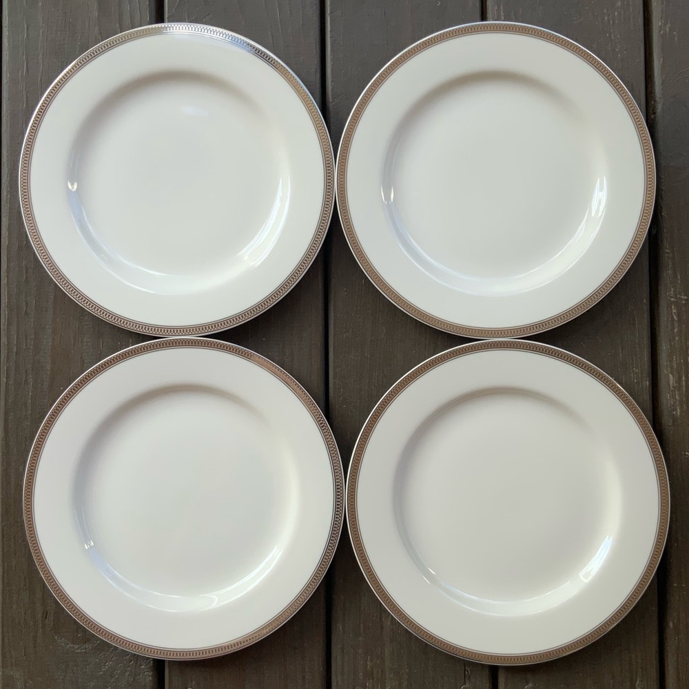 Vintage Epoch Century Platinum 4 Dinner Plates Encrusted Art Deco Band 10.5”